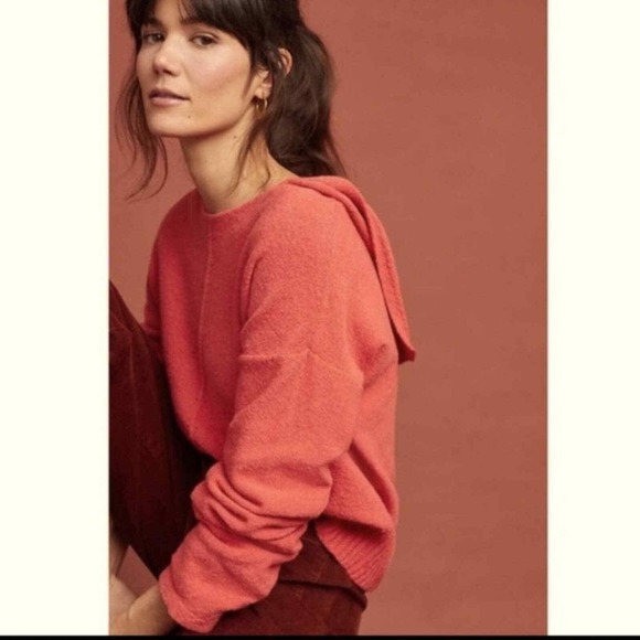 Moth by Anthropologie Sweaters - Moth Anthropologie Knit Hoodie Sweater Coral Orange Pointelle Cotton Blend L